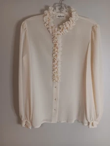 Vintage 80s Jamboree Ruffle Neck Blouse Top Sz Medium Cream Color - Picture 1 of 5
