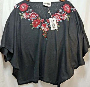 Savanna Jane Black Embroidered Sheer Top L Floral Boho Peasant Dolman NWT NALCN - Picture 1 of 12