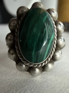 Vintage Mexico 925 Sterling Silver Oval Malachite Ring Size 6 - Picture 1 of 7