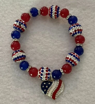 Red White &Blue Glass/Pave Rhinestone 4th of July Patriotic Heart Charm Bracelet - Image 1 of 2