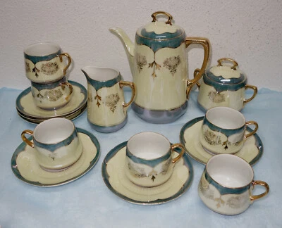 Kaffeeservice Jugendstil, Lüsterglanz Perlmutt / Goldstaffage - 6 Personen - Bild 1 von 4