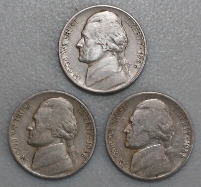 1938 P D S US Jefferson Nickels 5c 3 Coin Lot Five Cent Copper Nickel Circulated - Image 1 of 4