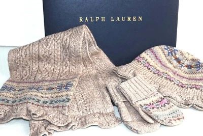 Neuf Boite Ralph Lauren Filles 3 PC Foire Île Écharpe Tricot Hat Mitaines Beige - Photo 1/4