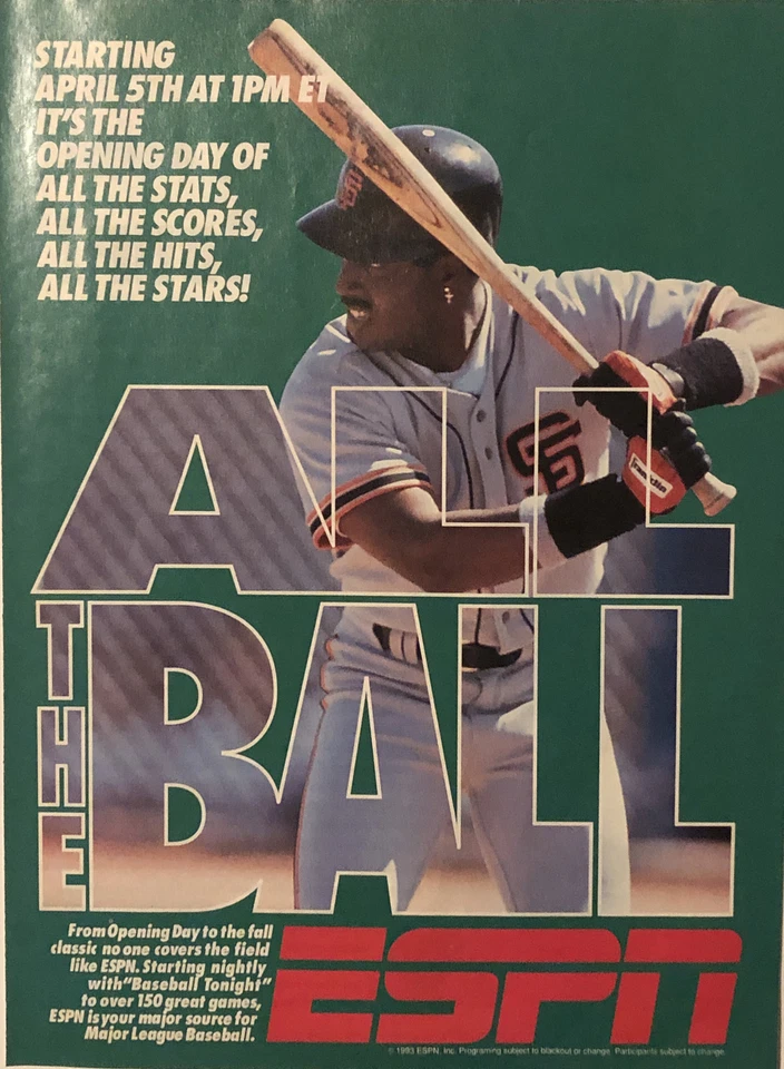 1993 ESPN Barry Bonds MLB Baseball PRINT AD TV Promo Opening Day Giants VTG 90s - Image 1 of 4