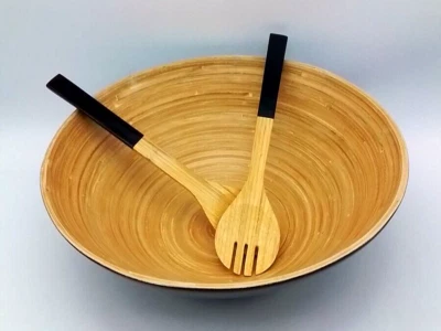 Bamboo Enamel Salad Bowl 3PC Includes Utensils - Image 1 of 4