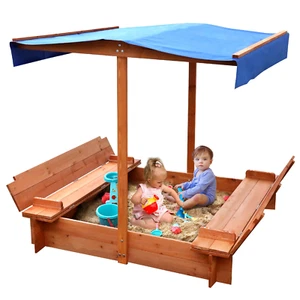 Wooden Sandbox with Cover, 48X48"Sand Boxes for Kids W/ 2 Foldable Bench Seats - Picture 1 of 8