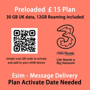 THREE 3 UK Network Preloaded UK EU £10 Data PACK Go Roam esim message delivery - Picture 1 of 6