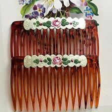 Vintage Guilloche Combs, Hair Slides,Set, enamel Combs,Hand Painted,Floral G39B