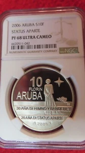 ARUBA Caribbean Netherlands Dutch 10 Florin 2006 Silver NGC PF 69 STATUS APARTE - Picture 1 of 4