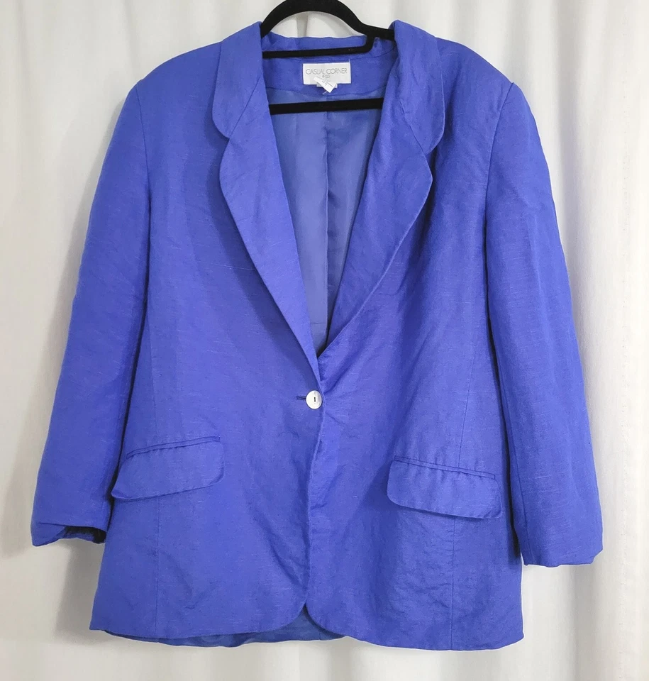 Blazer informal Corner & Co para mujer de lino azul cobalto talla 14 hombreras Foto 1 de 4