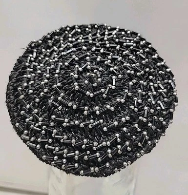 Vntg Black Ladie's Bun Hair Net Black Tubular Beads & Round Silver Beads - Image 1 of 4