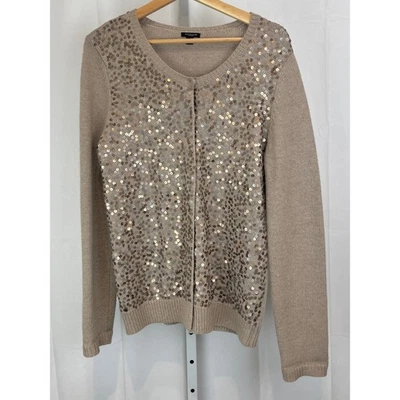 ANN TAYLOR Sequin Cardigan Sweater Embellished Wool Angora Cashmere Beige Tan L - Image 1 of 4