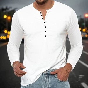 Mens Henley Shirt Tops Long Sleeve Button Slim Fit Grandad Casual T Shirt Blouse - Picture 1 of 13