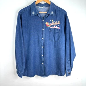 Camisa Denim Bordada Navidad Años 90 De Colección XL Santa Trineo Reno Luna Vacaciones - Imagen 1 de 8