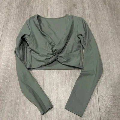 Lux Crop Top yoga workout athleisure front wrap long sleeve top spring green - Image 1 of 4