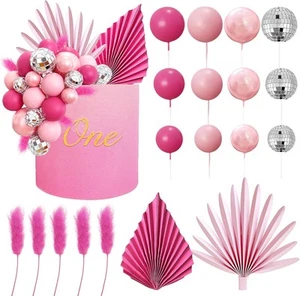 38 PCS Balls Cake Toppers Palm Leaves Decorations for Birthday Pink - Picture 1 of 6