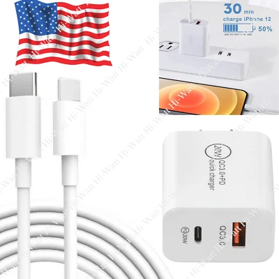 20W USB-C Power Adapter PD Fast Charge Cable For iPhone 14/13/12/11 Pro/XR/iPad - Image 1 of 4