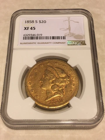 1858-S XF45 NGC Liberty Double Eagle $20 Gold Coin nice coin eyeclean (no PCGS) Cover
