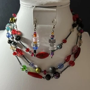 Vintage 3 Strand Avon SP Multicolored Art Glass Necklace 18 in & Earrings 2.5in - Picture 1 of 12
