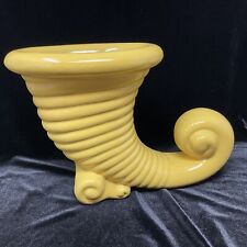 Vintage Yellow Cornucopia Horn Of Plenty Ceramic Vase 8x12” Glazed Blue Interior