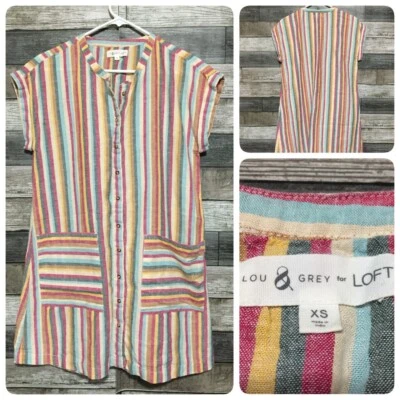 Lou & Grey Loft Striped Linen Blend Shirt Dress Women’s XS Multi Color Pockets - Image 1 of 4
