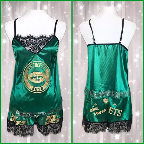 Women's New York Jets sexy satiny 2pc pajamas-Green W/Black Lace & Glitter Logos Cover