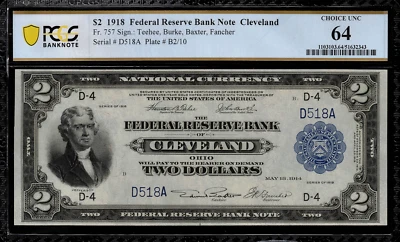 1918 $2 FRBN Cleveland - Acorazado FR-757 - PCGS 64 - Serie baja 518 Foto 1 de 2