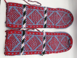 Vintage Knit “Muklucks” Red Blue Pink Green Well Loved And Worn Has Holes 19x6” - Picture 1 of 12