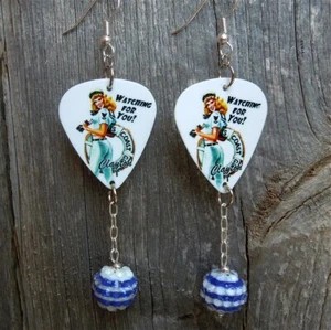 Coast Guard Pin Up Girl Guitar Pick Earrings with Striped Rhinestone Bead Dangle - Bild 1 von 3