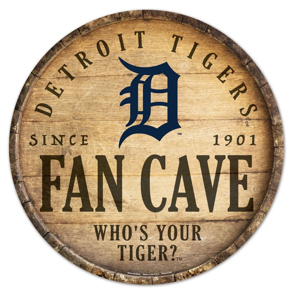 MLB Detroit Tigers Fan Cave 14 Inch Round Barrel Top Wooden Sign - Image 1 of 1