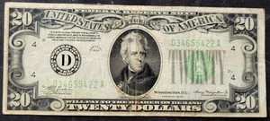 1934 $20 Dollar Bill "D" Cleveland ERROR Off Center front Green Seal - Picture 1 of 2