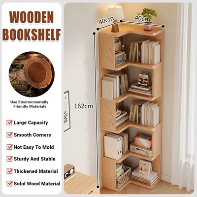 Solid Wood Corner Bookshelf for Home Floor Storage Shelf Sturdy Space Saving AU - image 1 of 4