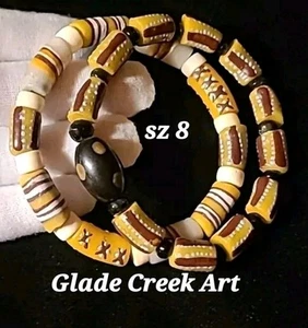 2 Tribal Bracelets Sz8, Brown, Khaki Gold & White, Bone Beads Double Cord - Picture 1 of 8