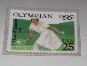 25 CENT USPS POSTAGE STAMP OLYMPIAN HAZEL WIGHTMAN ENCAPSULATED PINBACK - Picture 1 of 2