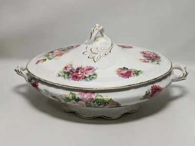 Antigua sopera con tapa años 20, Naomi, rosas y porcelana dorada culpa Foto 1 de 4