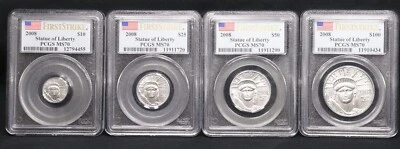 PCGS 2008 Platinum First Strike Statue Of Liberty MS70 Set $10, $25, $50 & $100 - Image 1 of 4