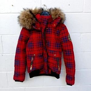 Holland Cooper Ventina rot kariert Bomber warme Jacke Mantel Fell Kapuze Medium - Bild 1 von 16