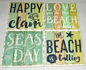 Set of 4 COASTAL Stoneware Coasters #2  [4 DIFFERENT DESIGNS] 3.75" X 3.75" - Picture 1 of 2