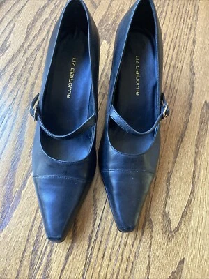 Zapatos de salón Liz Claiborne de cuero negro, punta puntiaguda, tacón bloque, talla 8M, con hebilla Foto 1 de 4
