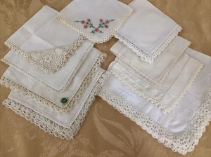 Vintage Hankies Lot Of 9 solid WHITE HANDMADE EDGE DESIGNS WEDDINGS TEA SHOWERS - Picture 1 of 5