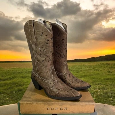 Roper женщин желтовато-коричневый винтажный искусственной кожи 13 в само блестящий Western ботинки размер 7,5 - Изображение 1 из 4