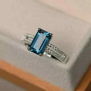 2.50CT Emerald Lab Created London Blue Topaz Diamond Ring 14K White Gold Plated - Picture 1 of 11