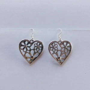 Flower Heart Dangle Earrings, Flower Heart Earrings, Flower Earrings, Spring - Picture 1 of 1