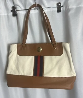 Tommy Hilfiger Purse Large Canvas Tote Shoulder Bag Vegan Leather Double Strap - Image 1 of 4
