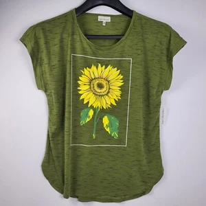 Sugar & Diamonds Top Womens 1X Green Sunflower Graphic Dolman Short Sleeve Shirt - Picture 1 of 7