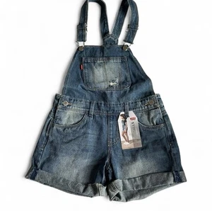 Levi's girls sz 10 regular Blue Denim Shortalls Bib Overall Shorts Distressed - Picture 1 of 3