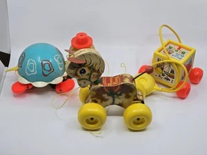 3 Vintage 1960s Fisher price pull toys Lot Prancy Pony Turtle & Peek A Boo Block - Picture 1 of 11