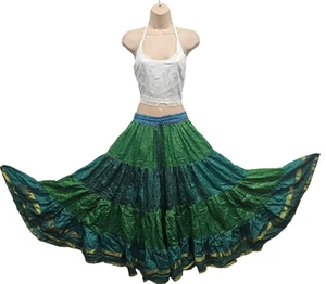 Silk Blend Sari 6/7 Yard Skirt Belly Dance Boho Tiered One Size 6 8 10 12 14 16 - Picture 1 of 7