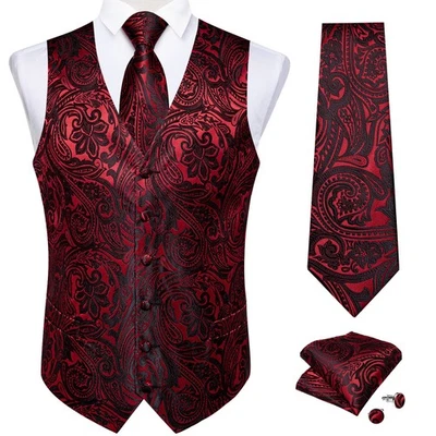 Red & Black Floral Mens Waistcoat Hankie Cufflinks Set Wedding Vest Suit Tuxedo - Image 1 of 2