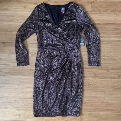NWT Vince Camuto Women's Metallic Animal-Print Stretch Dress Brown Size 12P - Image 1 of 4